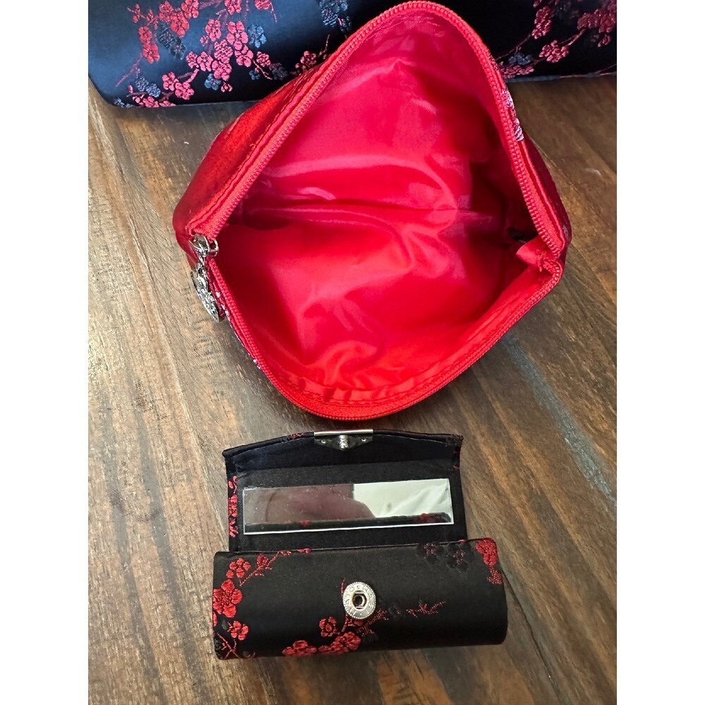Asian Floral Purse Bamboo Handle Sachtel Red & Black by Yans NY with Accessories - Picture 7 of 15